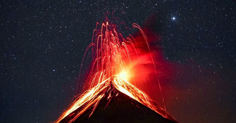 Guatemala - Volcano Erupting at Night Under Starry Sky